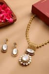 Shop_Ruby Raang_Gold Plated Stones Kundan Antique Finish Earrings And Necklace Set _at_Aza_Fashions