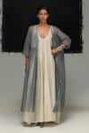 Buy_Urvashi Kaur_Gray Linen Open Neck Misty Grey Overlay _at_Aza_Fashions