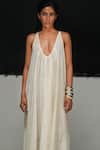 Buy_Urvashi Kaur_White Cotton, Silk Plunge Neck Silica Dress _Online_at_Aza_Fashions