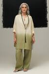 Buy_Urvashi Kaur_White Linen Collared Shin Pearl And Sage Green Tunic _at_Aza_Fashions