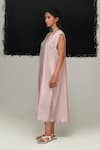 Urvashi Kaur_Pink Silk V-neck Hina Handwoven Mulberry Dress _Online_at_Aza_Fashions