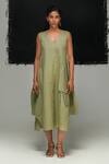 Buy_Urvashi Kaur_Green Linen V-neck Tsuchi Dress _Online_at_Aza_Fashions
