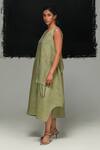 Shop_Urvashi Kaur_Green Linen V-neck Tsuchi Dress _Online_at_Aza_Fashions