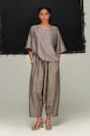 Buy_Urvashi Kaur_Gray Silk Round Neck Steel Grey Handwoven Top _at_Aza_Fashions