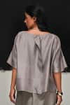 Shop_Urvashi Kaur_Gray Silk Round Neck Steel Grey Handwoven Top _at_Aza_Fashions