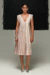 Buy_Urvashi Kaur_Pink Tussar, Silk V-neck Hina Dress _at_Aza_Fashions