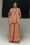 Buy_Urvashi Kaur_Orange Linen Embroidery Open Neck Designer Jyu Jacket _at_Aza_Fashions