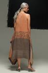 Shop_Urvashi Kaur_Multi Color Linen Crew Neck Rust Handwoven Block Printed Dress _at_Aza_Fashions