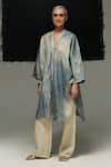 Buy_Urvashi Kaur_Blue Tussar, Silk V-neck Denim Handwoven Dress _at_Aza_Fashions