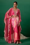 Buy_Shashank Arya_Pink Modal, Satin Crystals, Pearls Round Floral Print Dhoti Blouse Cape Set _at_Aza_Fashions