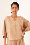 Shop_OFRIDA_Beige Cotton V-neck Designer Latte Yin Top Set _Online_at_Aza_Fashions