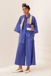 Buy_OFRIDA_Blue Cotton Patchwork Collared Royal Designer Shirt And Pant Set _at_Aza_Fashions
