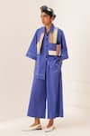 Shop_OFRIDA_Blue Cotton Patchwork Collared Royal Designer Shirt And Pant Set _Online_at_Aza_Fashions