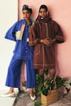 OFRIDA_Blue Cotton Patchwork Collared Royal Designer Shirt And Pant Set _at_Aza_Fashions