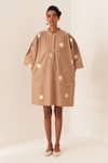 Buy_OFRIDA_Beige Cotton Round , Open Luna Latte Designer Dress And Jacket Set _at_Aza_Fashions