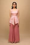Buy_Samyukta Singhania_Peach Brocade, Tissue Embroidery Scoop Neck And Top Pant Set _Online_at_Aza_Fashions