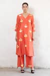 Saksham & Neharicka_Rust Cotton, Silk Applique V-neck Orange Kurta Set _Online_at_Aza_Fashions