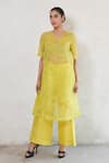Buy_Saksham & Neharicka_Lime Organza, Cotton, V-neck Yellow Kurta Set _at_Aza_Fashions