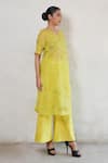 Buy_Saksham & Neharicka_Lime Organza, Cotton, V-neck Yellow Kurta Set _Online_at_Aza_Fashions