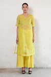 Saksham & Neharicka_Lime Organza, Cotton, V-neck Yellow Kurta Set _at_Aza_Fashions