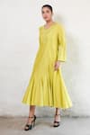 Buy_Saksham & Neharicka_Lime Cotton, Silk Embroidery V-neck Applique Banarasi Dress 
