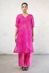 Saksham & Neharicka_Pink Organza, Cotton, V-neck Michelle Kurta Set _Online_at_Aza_Fashions