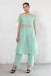 Buy_Saksham & Neharicka_Mint Organza, Cotton, Embroidery Round Neck Green Hand Kurta Set 