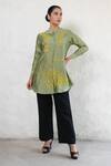 Shop_Saksham & Neharicka_Olive Green Cotton, Silk Embroidery Mandarin Collar Hand Shirt _Online_at_Aza_Fashions