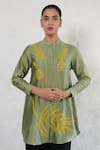 Buy_Saksham & Neharicka_Olive Green Cotton, Silk Embroidery Mandarin Collar Hand Shirt _at_Aza_Fashions