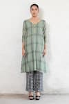 Buy_Saksham & Neharicka_Olive Green Cotton, Silk Round Neck Banarasi Kurta _at_Aza_Fashions