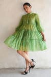 Saksham & Neharicka_Green Cotton, Silk Embroidery Collared Hand Dress _Online_at_Aza_Fashions