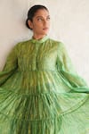 Saksham & Neharicka_Green Cotton, Silk Embroidery Collared Hand Dress _at_Aza_Fashions