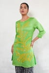Buy_Saksham & Neharicka_Green Linen, Satin, Cotton, Silk Embroidery Round Neck Hand Kurta Set _Online_at_Aza_Fashions