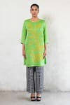 Shop_Saksham & Neharicka_Green Linen, Satin Embroidery Round Neck Hand Kurta _at_Aza_Fashions
