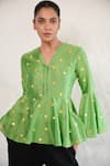 Buy_Saksham & Neharicka_Green Cotton, Silk Sequins V-neck Hand Embroidered Top _at_Aza_Fashions