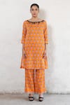 Buy_Saksham & Neharicka_Orange Cotton, Silk Sequins, Embroidery Round Neck Hand Kurta And Pant Set _at_Aza_Fashions