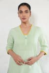Saksham & Neharicka_Mint Poplin, Cotton, Silk Embroidery V-neck Hand Green Kurta Set _Online_at_Aza_Fashions