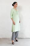 Shop_Saksham & Neharicka_Mint Poplin, Cotton, Silk Embroidery V-neck Hand Green Kurta Set _Online_at_Aza_Fashions