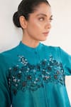 Saksham & Neharicka_Teal Cotton, Silk Embroidery Mandarin Collar Hand Blue Shirt _Online_at_Aza_Fashions
