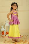 Pankhuri By Priyanka_Purple Chanderi Embroidery And Yellow Peplum Top & Lehenga Set _Online_at_Aza_Fashions