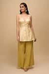 Buy_Samyukta Singhania_Yellow Brocade, Tissue Embroidery V-neck Lemon Top And Pant Set _Online_at_Aza_Fashions