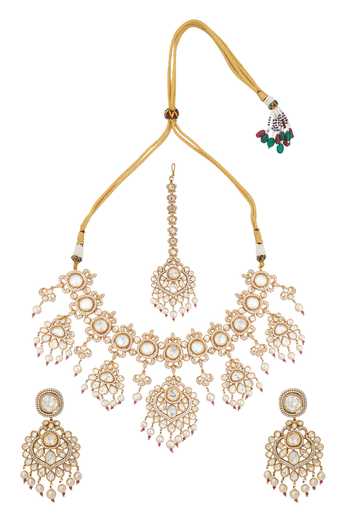 Shop_Nazaakat By Samara Singh_Pink Zari Kundan Ruby Jewelry Set _at_Aza_Fashions