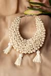 Buy_Bhavna Kumar_White Beads, Tassels Pearl Crescent Mini Bag _at_Aza_Fashions