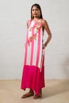 Buy_Prachi Kamat_Pink Modal, Satin Embroidery Round Neck Floral Striped Maxi Dress _at_Aza_Fashions