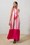 Buy_Prachi Kamat_Pink Modal, Satin Embroidery Round Neck Floral Striped Maxi Dress _Online_at_Aza_Fashions
