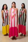 Shop_Prachi Kamat_Pink Modal, Satin Embroidery Round Neck Floral Striped Maxi Dress _Online_at_Aza_Fashions