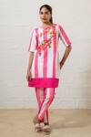 Buy_Prachi Kamat_Pink Poplin Embroidery Round Neck And White Striped Kurta Pant Set _at_Aza_Fashions