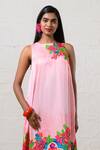Prachi Kamat_Pink Modal, Satin Embroidery Round Neck Floral Print Dress _Online_at_Aza_Fashions