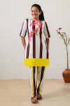 Buy_Prachi Kamat_Brown Poplin Embroidery Round Neck And White Striped Kurta Pant Set _at_Aza_Fashions