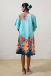 Shop_Prachi Kamat_Blue Poplin Embroidery Round Neck Floral Print Dress _at_Aza_Fashions